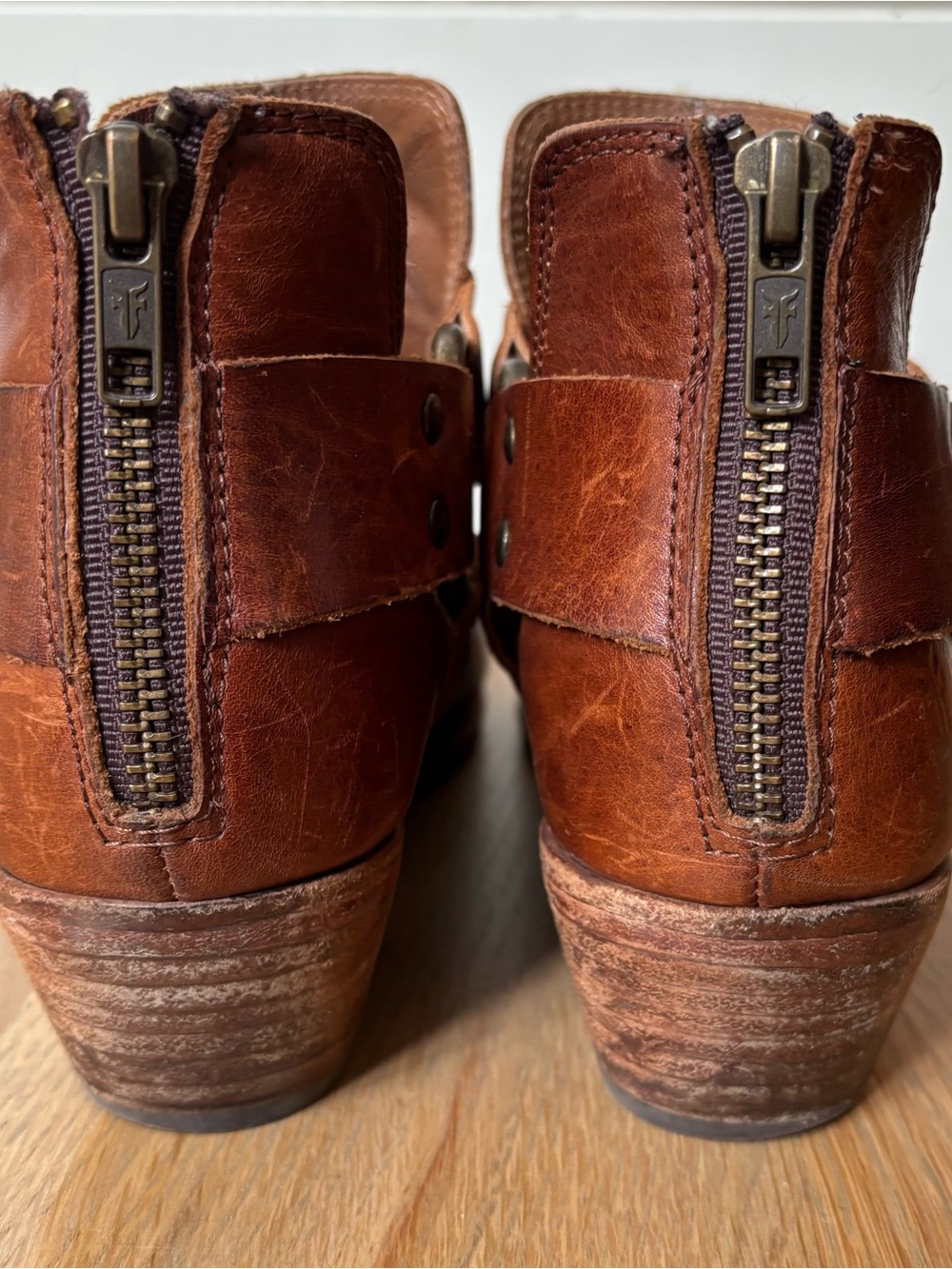 Frye.  Women’s Ray Harness Caramel Leather Ankle Boots with Rear Zip